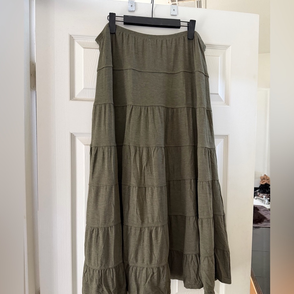 Women's Olive Tiered Maxi Skirt